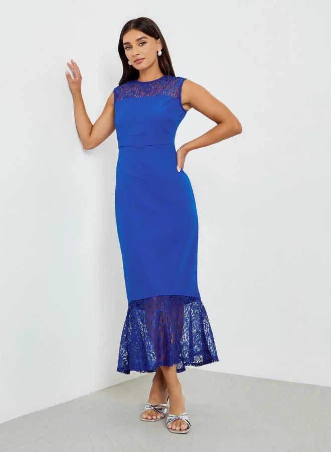 Styli Women Blue Lace Sleeveless Mermaid Hem Maxi Dress